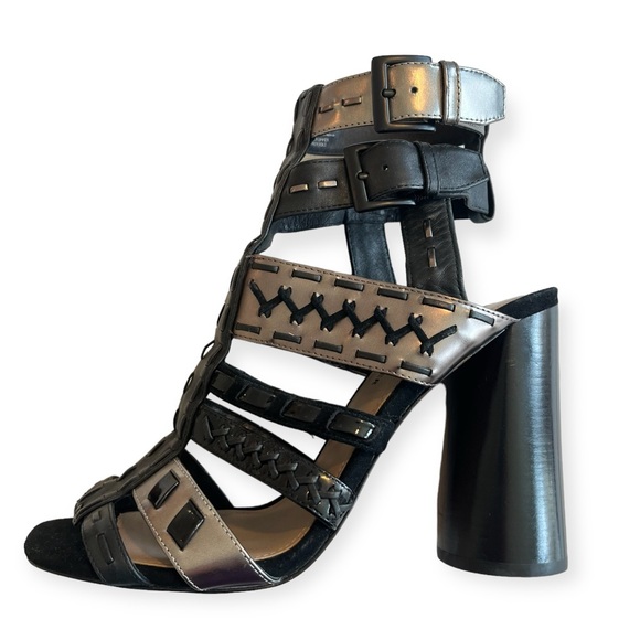 Donald J. Pliner Bindy Black Metallic Strapy Woven Gladiator Heeled Sandals - Picture 2 of 16